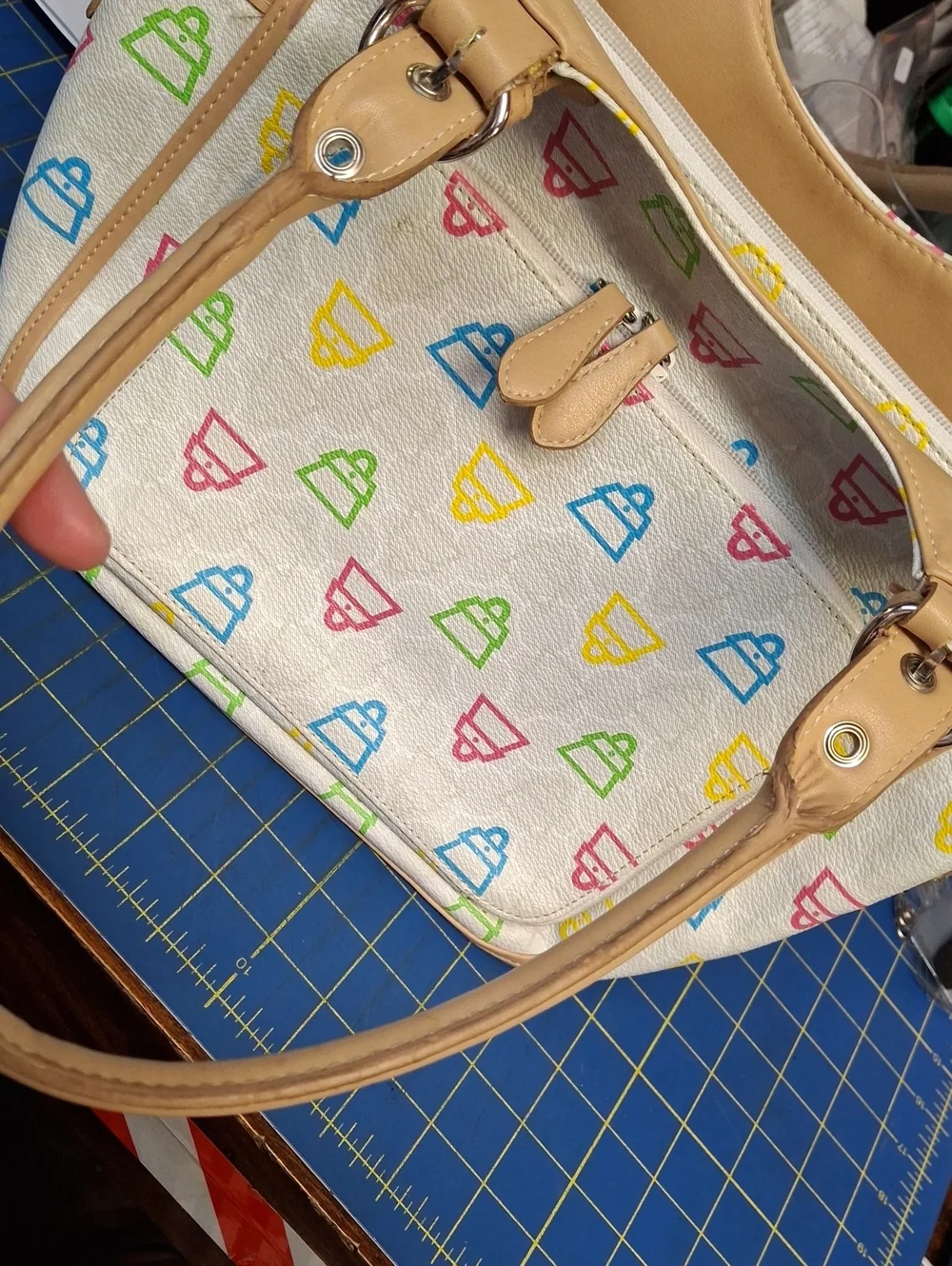 Kathy Van Zeeland Y2K Multicolor Patterned Tote Bag Tan Handles